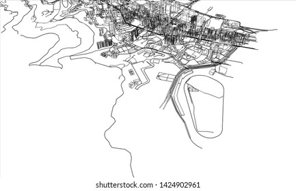 Outline city concept vector. Wire-frame style. The layers of visible and invisible lines. 3D illustration