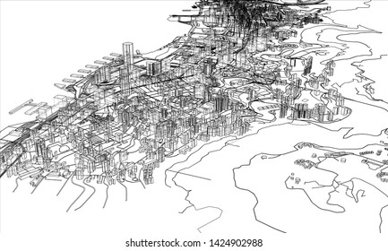Outline city concept vector. Wire-frame style. The layers of visible and invisible lines. 3D illustration