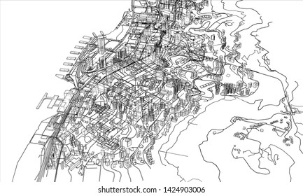 Outline city concept vector. Wire-frame style. The layers of visible and invisible lines. 3D illustration