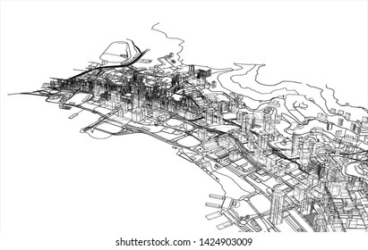 Outline city concept vector. Wire-frame style. The layers of visible and invisible lines. 3D illustration