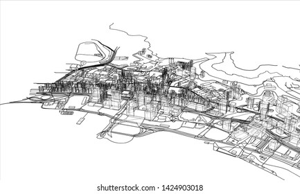Outline city concept vector. Wire-frame style. The layers of visible and invisible lines. 3D illustration