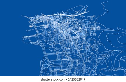 Outline city concept vector. Wire-frame style. The layers of visible and invisible lines. 3D illustration