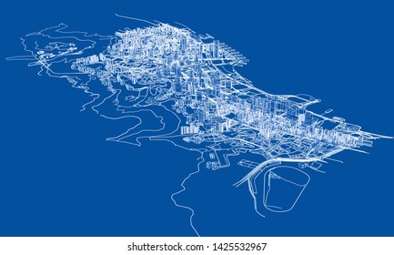 Outline city concept vector. Wire-frame style. The layers of visible and invisible lines. 3D illustration