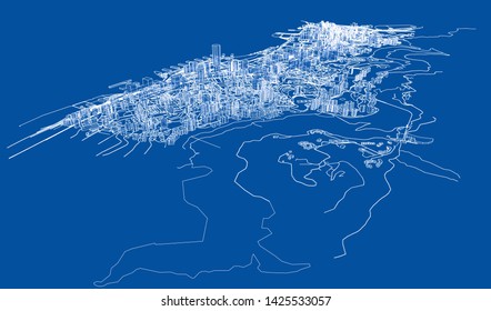 Outline city concept vector. Wire-frame style. The layers of visible and invisible lines. 3D illustration