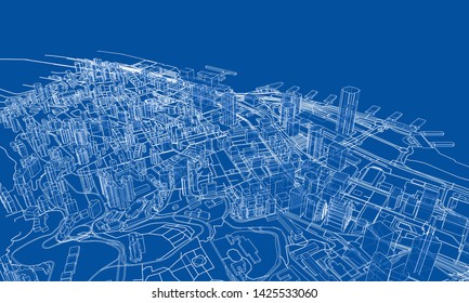 Outline city concept vector. Wire-frame style. The layers of visible and invisible lines. 3D illustration