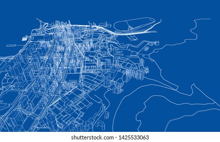 Outline city concept vector. Wire-frame style. The layers of visible and invisible lines. 3D illustration