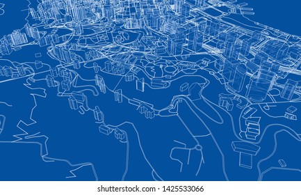 Outline city concept vector. Wire-frame style. The layers of visible and invisible lines. 3D illustration