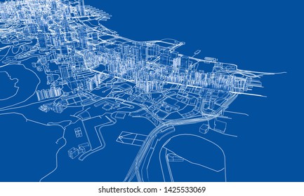 Outline city concept vector. Wire-frame style. The layers of visible and invisible lines. 3D illustration