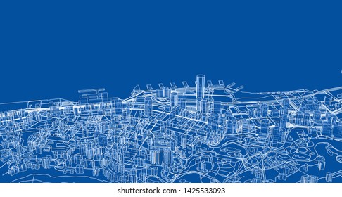 Outline city concept vector. Wire-frame style. The layers of visible and invisible lines. 3D illustration