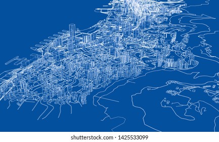 Outline city concept vector. Wire-frame style. The layers of visible and invisible lines. 3D illustration