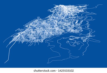 Outline city concept vector. Wire-frame style. The layers of visible and invisible lines. 3D illustration