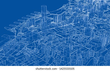 Outline city concept vector. Wire-frame style. The layers of visible and invisible lines. 3D illustration