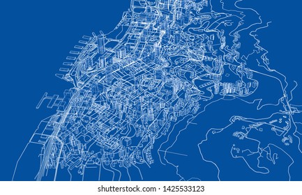 Outline city concept vector. Wire-frame style. The layers of visible and invisible lines. 3D illustration
