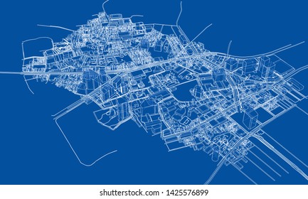 Outline city concept vector. Wire-frame style. The layers of visible and invisible lines. 3D illustration