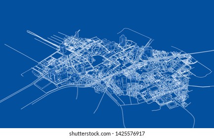 Outline city concept vector. Wire-frame style. The layers of visible and invisible lines. 3D illustration
