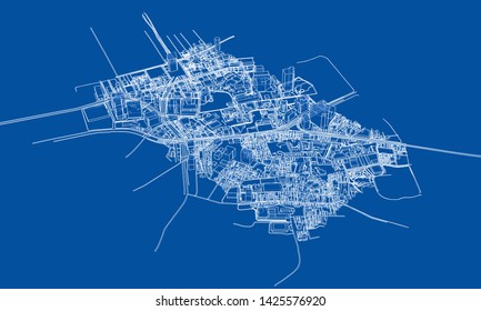 Outline city concept vector. Wire-frame style. The layers of visible and invisible lines. 3D illustration