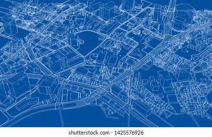 Outline city concept vector. Wire-frame style. The layers of visible and invisible lines. 3D illustration