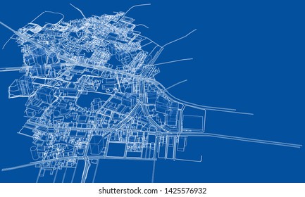 Outline city concept vector. Wire-frame style. The layers of visible and invisible lines. 3D illustration
