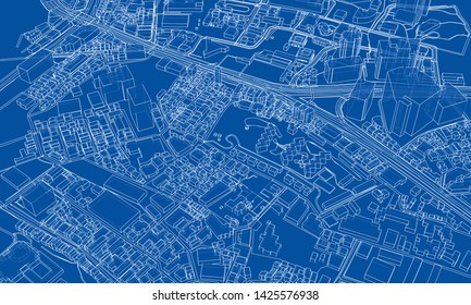 Outline city concept vector. Wire-frame style. The layers of visible and invisible lines. 3D illustration