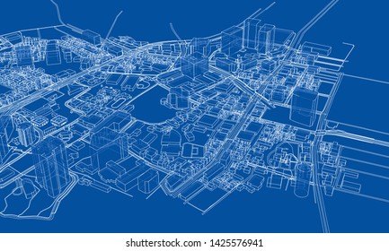 Outline city concept vector. Wire-frame style. The layers of visible and invisible lines. 3D illustration