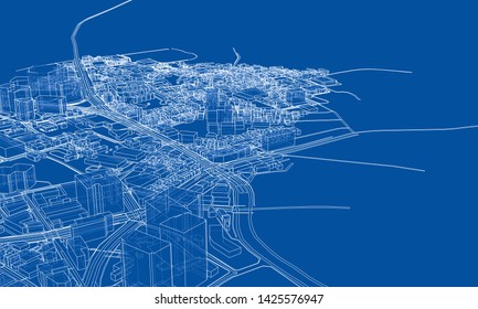 Outline city concept vector. Wire-frame style. The layers of visible and invisible lines. 3D illustration