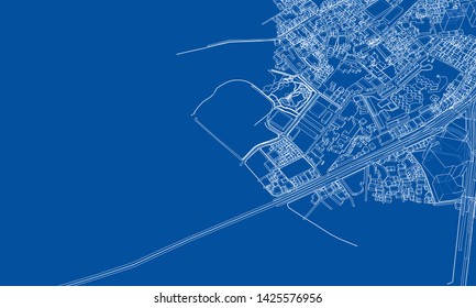Outline city concept vector. Wire-frame style. The layers of visible and invisible lines. 3D illustration