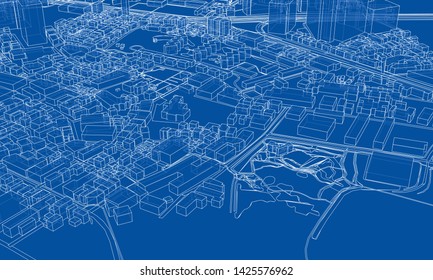 Outline city concept vector. Wire-frame style. The layers of visible and invisible lines. 3D illustration