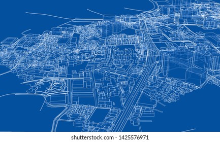 Outline city concept vector. Wire-frame style. The layers of visible and invisible lines. 3D illustration