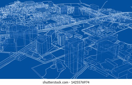 Outline city concept vector. Wire-frame style. The layers of visible and invisible lines. 3D illustration