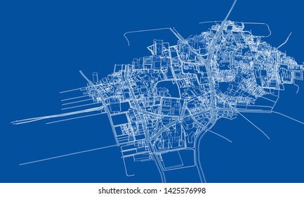 Outline city concept vector. Wire-frame style. The layers of visible and invisible lines. 3D illustration