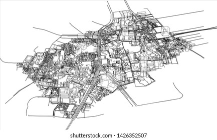 Outline city concept vector. Wire-frame style. The layers of visible and invisible lines. 3D illustration