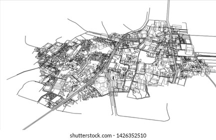 Outline city concept vector. Wire-frame style. The layers of visible and invisible lines. 3D illustration