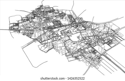 Outline city concept vector. Wire-frame style. The layers of visible and invisible lines. 3D illustration