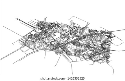 Outline city concept vector. Wire-frame style. The layers of visible and invisible lines. 3D illustration
