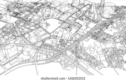 Outline city concept vector. Wire-frame style. The layers of visible and invisible lines. 3D illustration