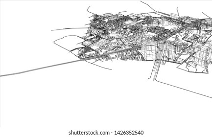 Outline city concept vector. Wire-frame style. The layers of visible and invisible lines. 3D illustration