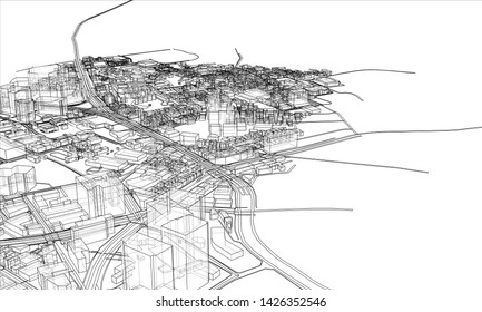 Outline city concept vector. Wire-frame style. The layers of visible and invisible lines. 3D illustration