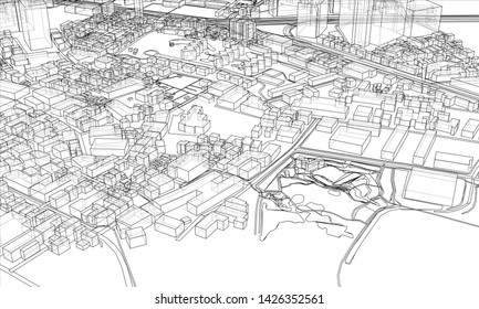 Outline city concept vector. Wire-frame style. The layers of visible and invisible lines. 3D illustration