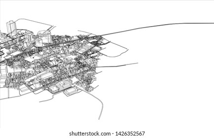 Outline city concept vector. Wire-frame style. The layers of visible and invisible lines. 3D illustration