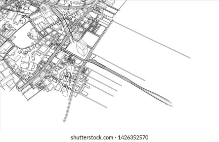 Outline city concept vector. Wire-frame style. The layers of visible and invisible lines. 3D illustration