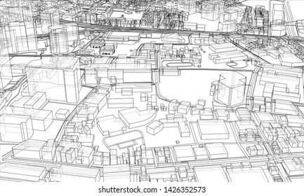 Outline city concept vector. Wire-frame style. The layers of visible and invisible lines. 3D illustration