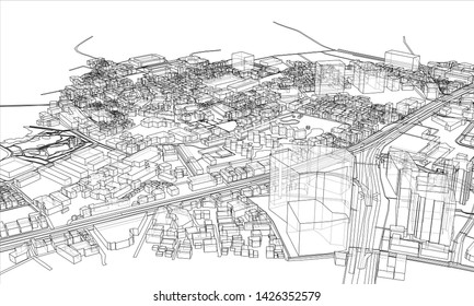 Outline city concept vector. Wire-frame style. The layers of visible and invisible lines. 3D illustration