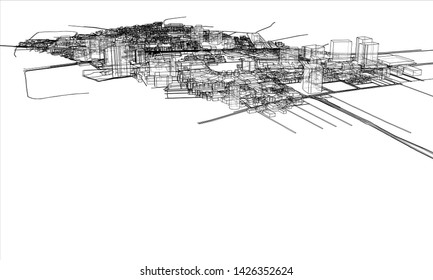 Outline city concept vector. Wire-frame style. The layers of visible and invisible lines. 3D illustration