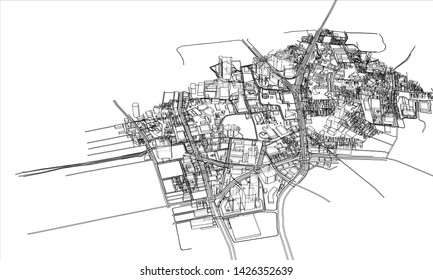 Outline city concept vector. Wire-frame style. The layers of visible and invisible lines. 3D illustration