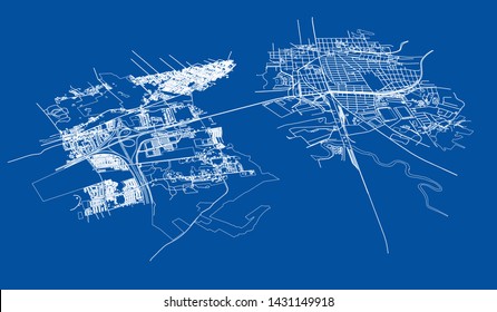 Outline city concept vector. Wire-frame style. The layers of visible and invisible lines. 3D illustration