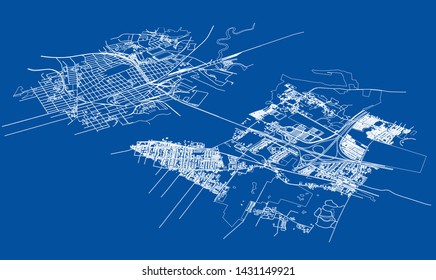 Outline city concept vector. Wire-frame style. The layers of visible and invisible lines. 3D illustration