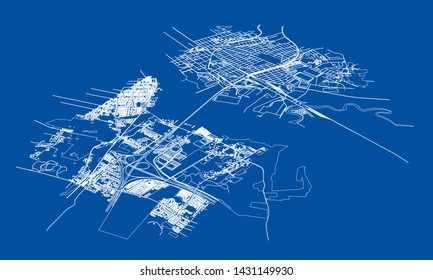 Outline city concept vector. Wire-frame style. The layers of visible and invisible lines. 3D illustration