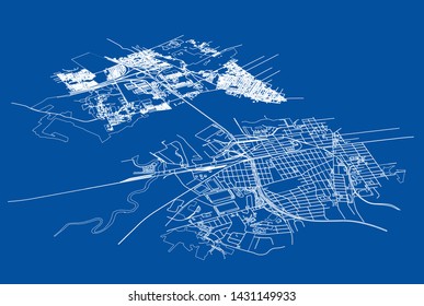 Outline city concept vector. Wire-frame style. The layers of visible and invisible lines. 3D illustration