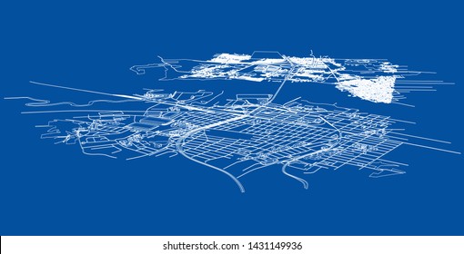 Outline city concept vector. Wire-frame style. The layers of visible and invisible lines. 3D illustration