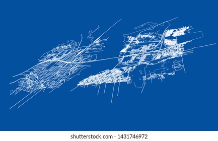 Outline city concept vector. Wire-frame style. The layers of visible and invisible lines. 3D illustration